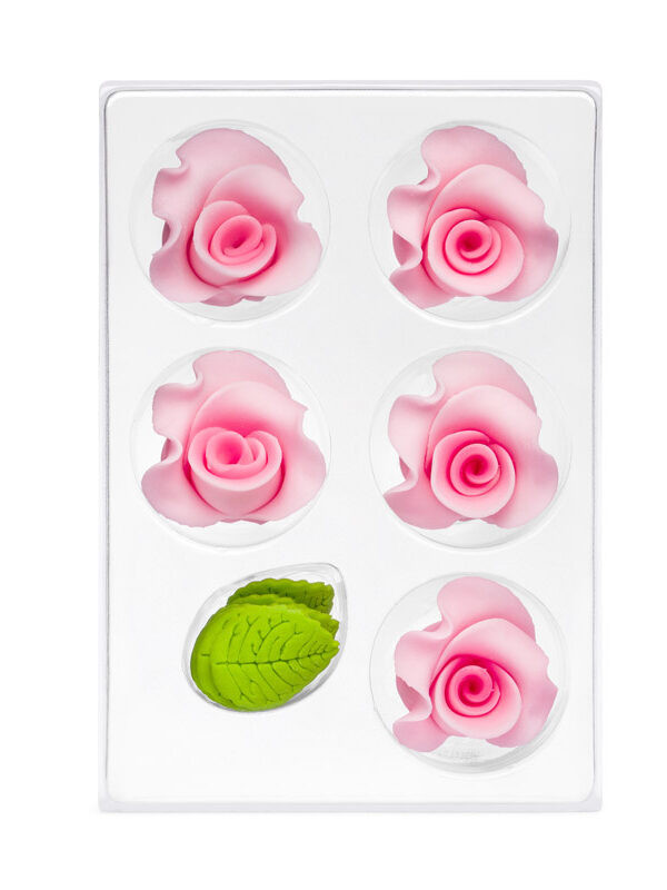 Trandafir din zahar mediu roz  C-2703 PJT, set 5 flori 35 mm si 10 frunze