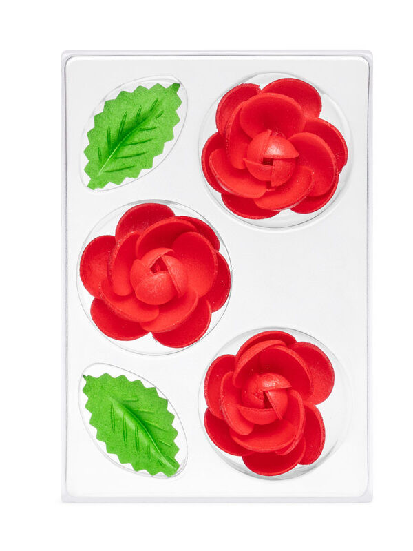 Вафлени декорации малка червена роза O-1302, компл 3 цветя 55 мм и 6 листа Pejot