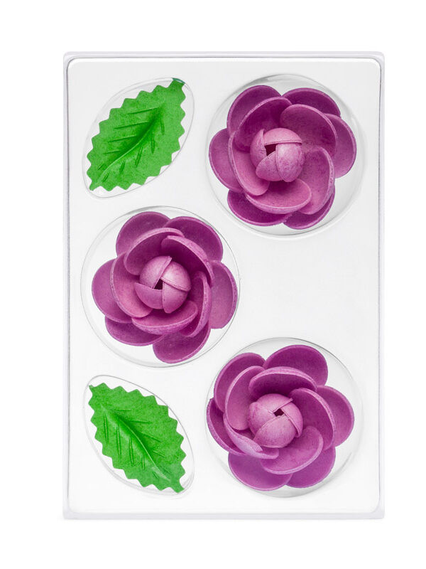 Trandafir din napolitana mic violet O-1311 PJT, set 3 flori 55 mm si 6 frunze