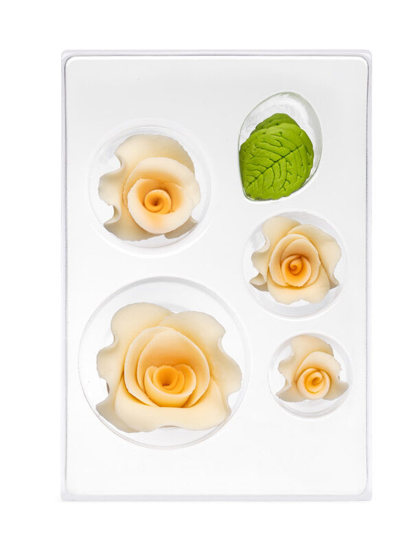 Захарна роза екрю микс размери C-0906 Pejot, комплект 60 мм; 35 мм; 25 мм; 30 мм и 10 листа