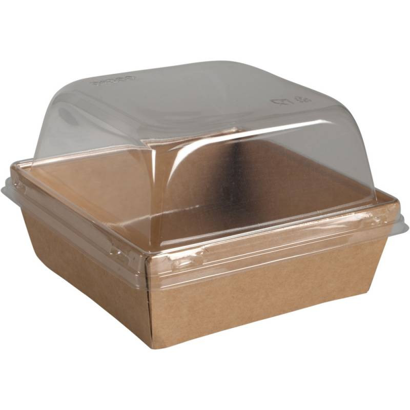Кутия Take away, DoEco, 12.8x12.8x4.5см, 550 мл, кафява, целулоза/хартия, с PET капак 50 бр.