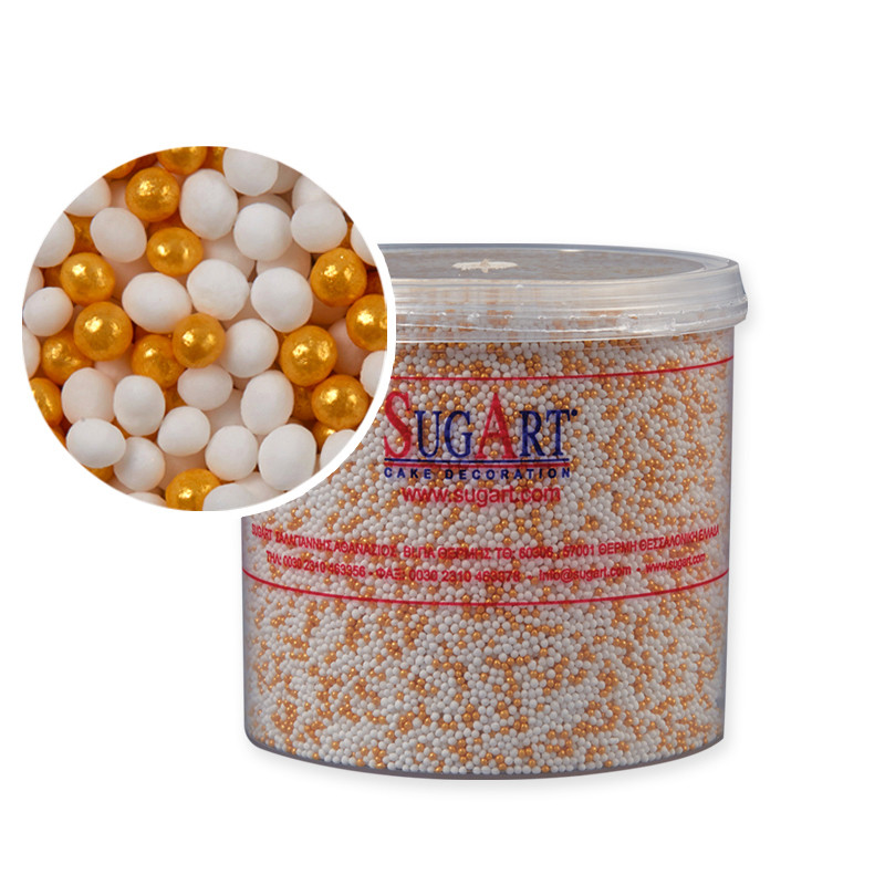 Захарни декорации, поръски бял/златист, 750 гр, Sugart