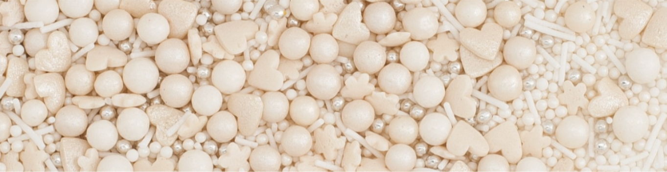 Decoratiuni din zahar mix: perle/inimioare - albe perlate, 100g 71481 GPR
