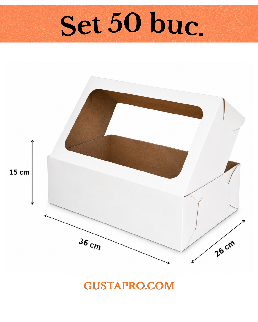 Кутия за торта бяла/крафт с прозорец 36x26x15 cm, комплект 50 бр GustaPro