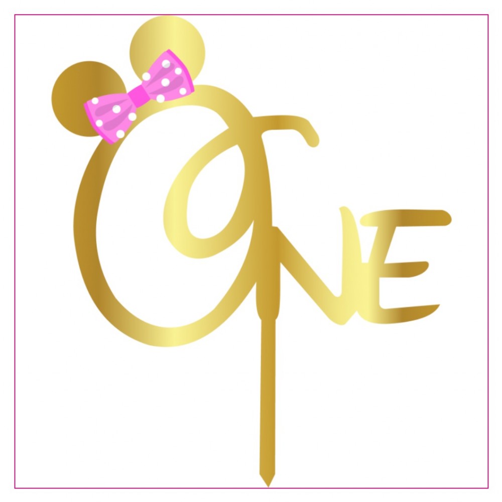 Топер за торта акрилен златен „One“ с розова панделка 15072 Cesil