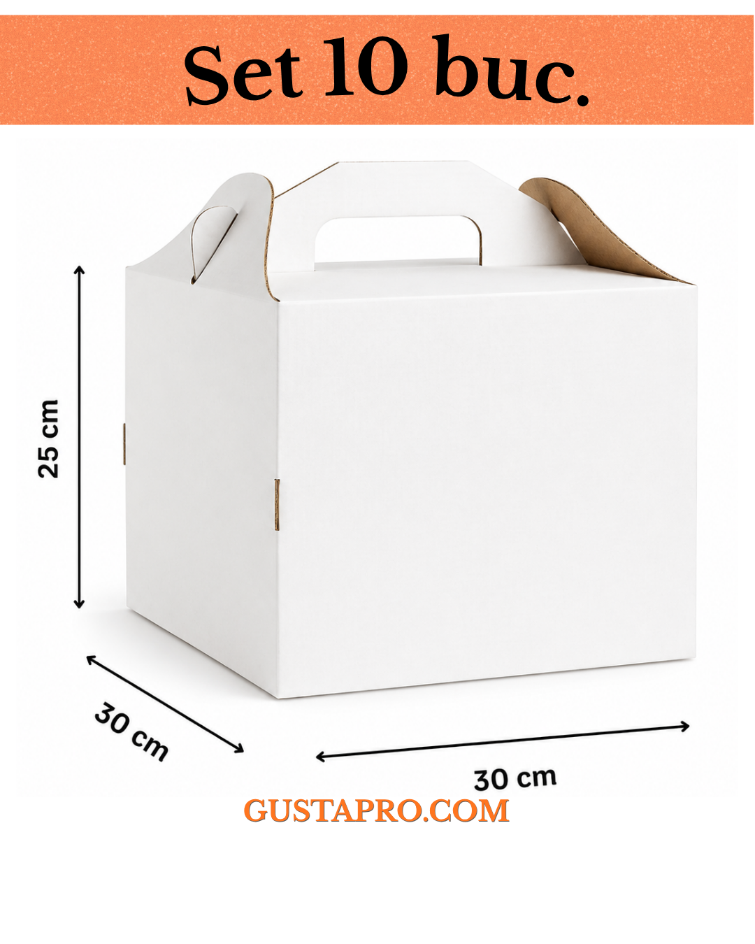 Кутия за торта бяло/крафт 30,5x30,5x25 см с дръжка, комплект 10 бр GustaPro